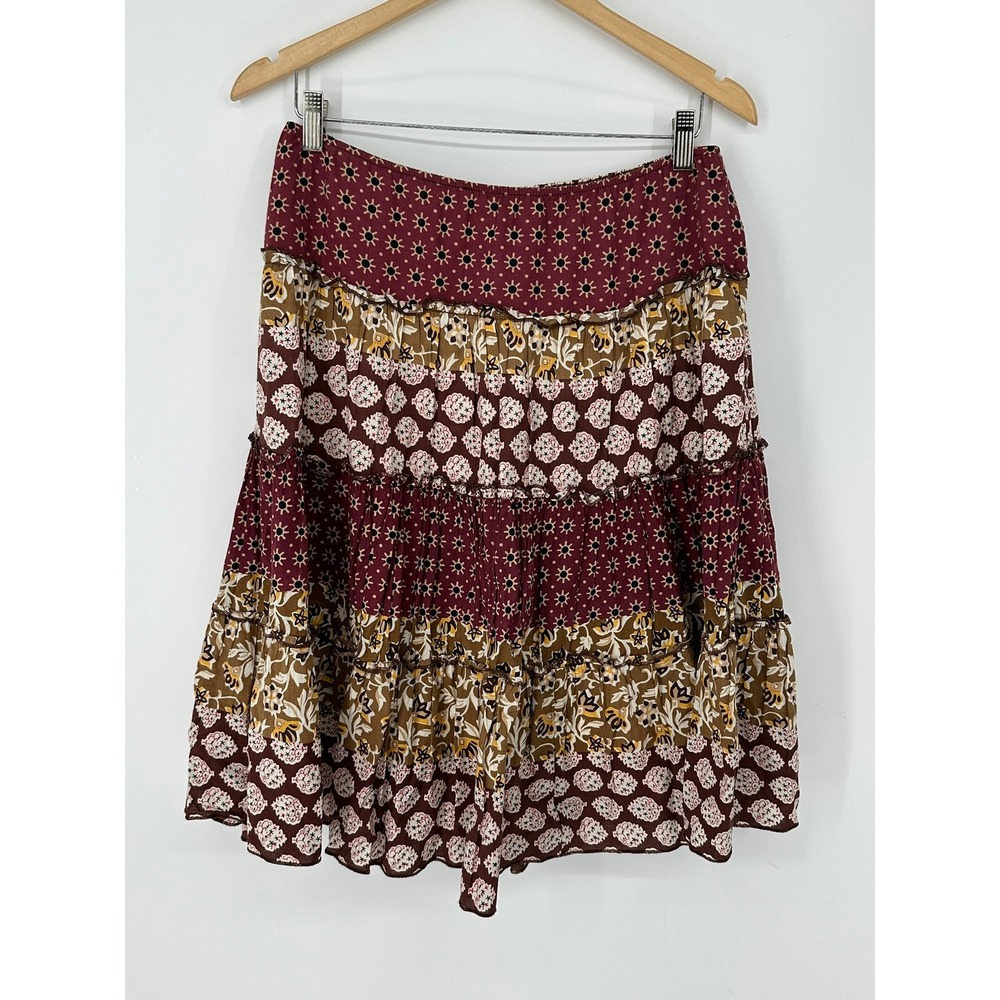 Y2K Miss Chievous Floral Patchwork Tiered Mini Skirt Burgundy Brown Boho M B6